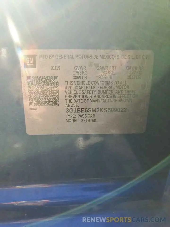 12 fotografías del automóvil dañado 3G1BE6SM2KS589022 CHEVROLET CRUZE 2019