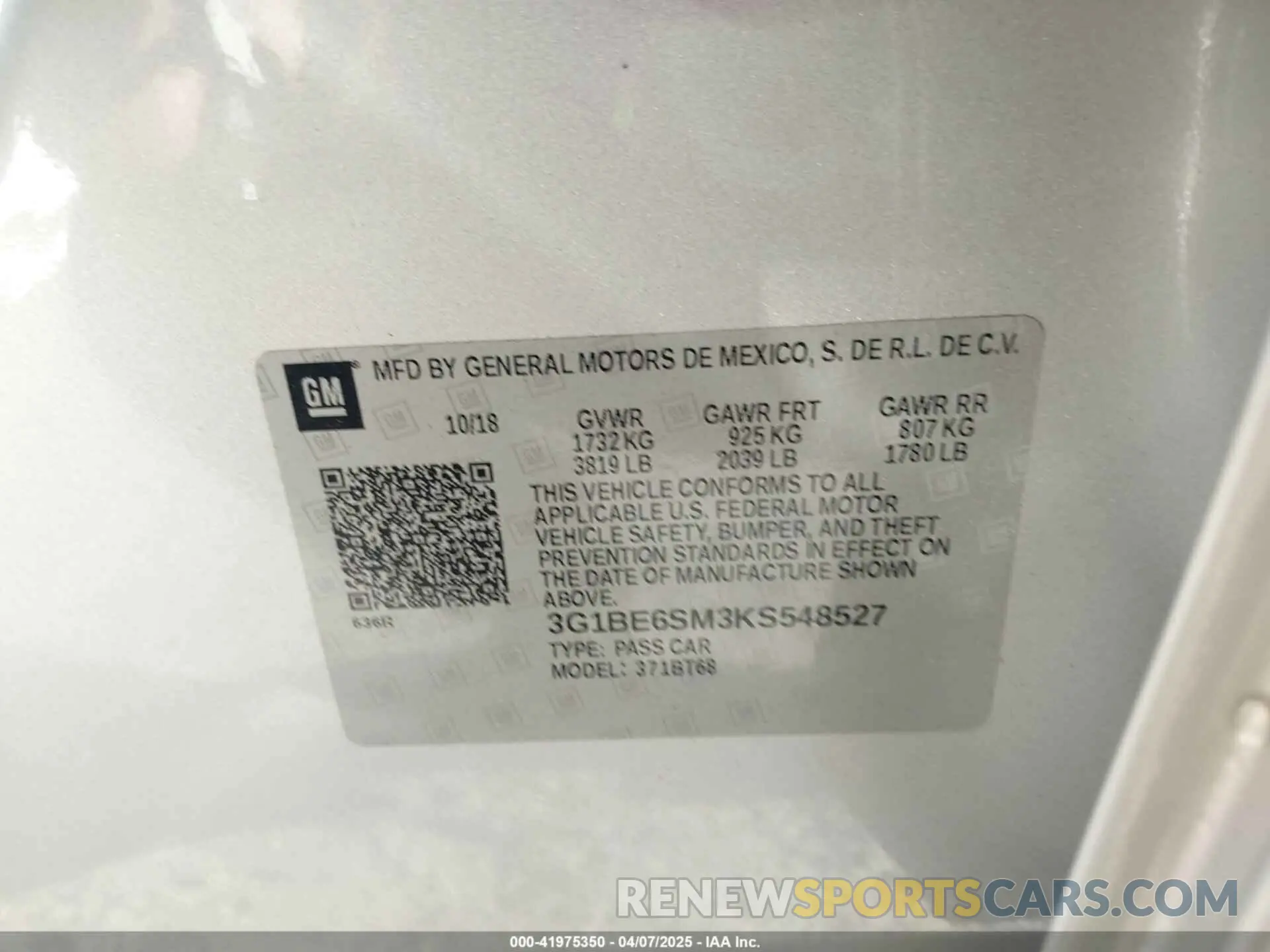 9 fotografías del automóvil dañado 3G1BE6SM3KS548527 CHEVROLET CRUZE 2019