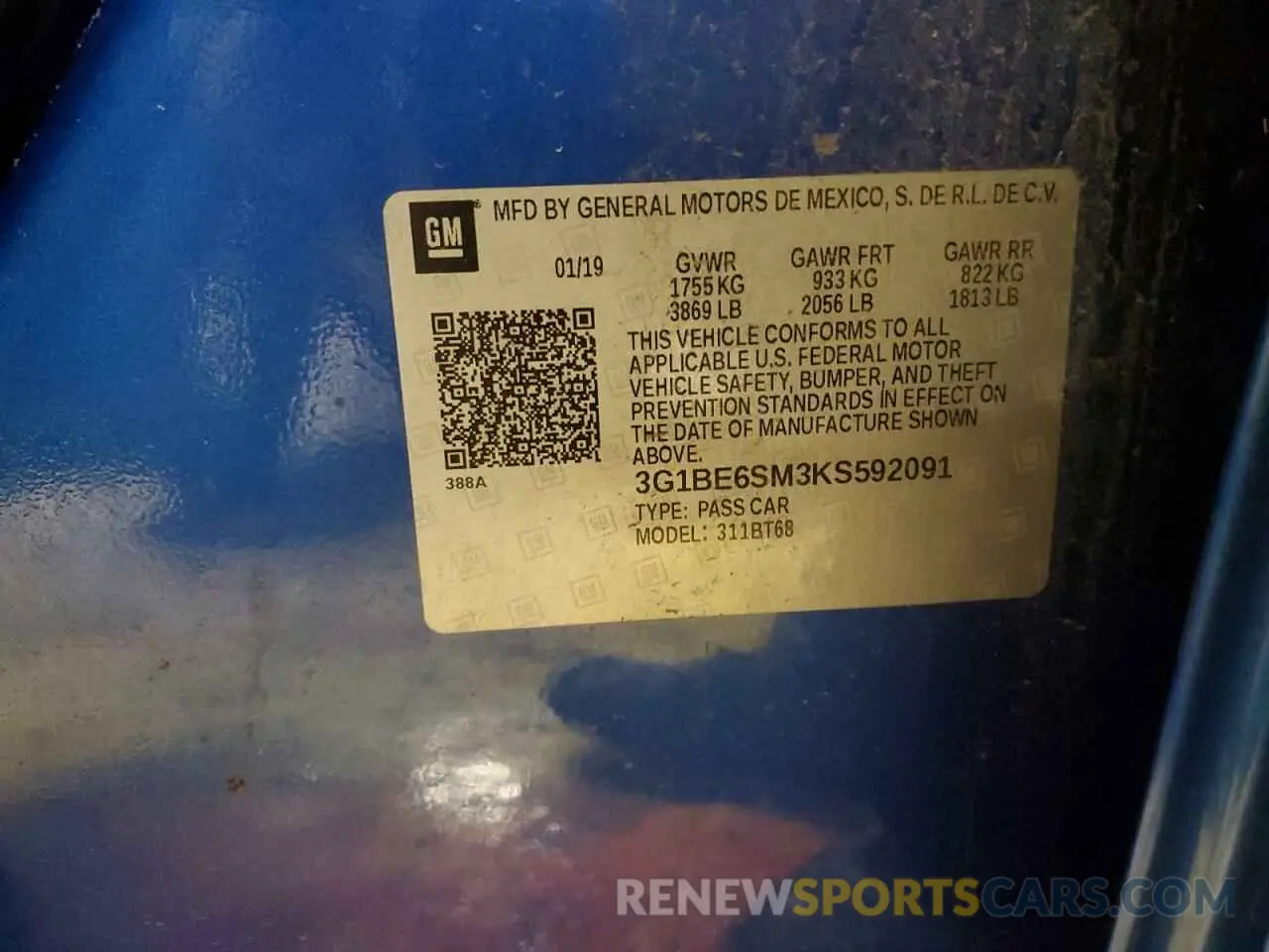 12 fotografías del automóvil dañado 3G1BE6SM3KS592091 CHEVROLET CRUZE 2019
