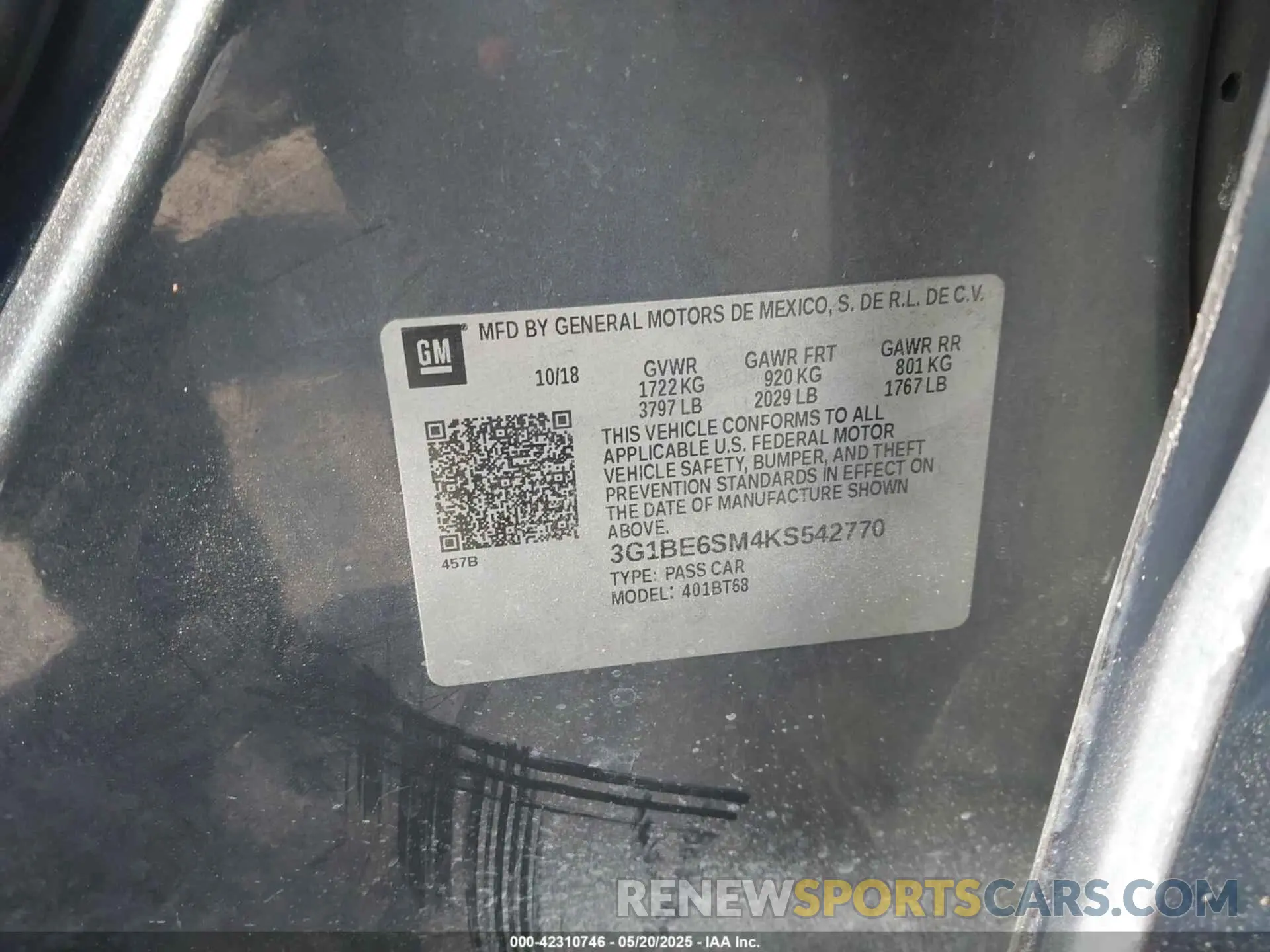 9 fotografías del automóvil dañado 3G1BE6SM4KS542770 CHEVROLET CRUZE 2019