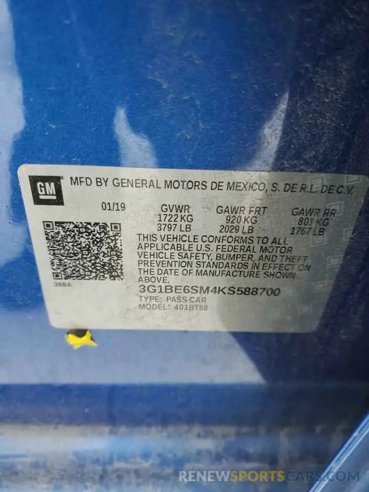12 fotografías del automóvil dañado 3G1BE6SM4KS588700 CHEVROLET CRUZE 2019