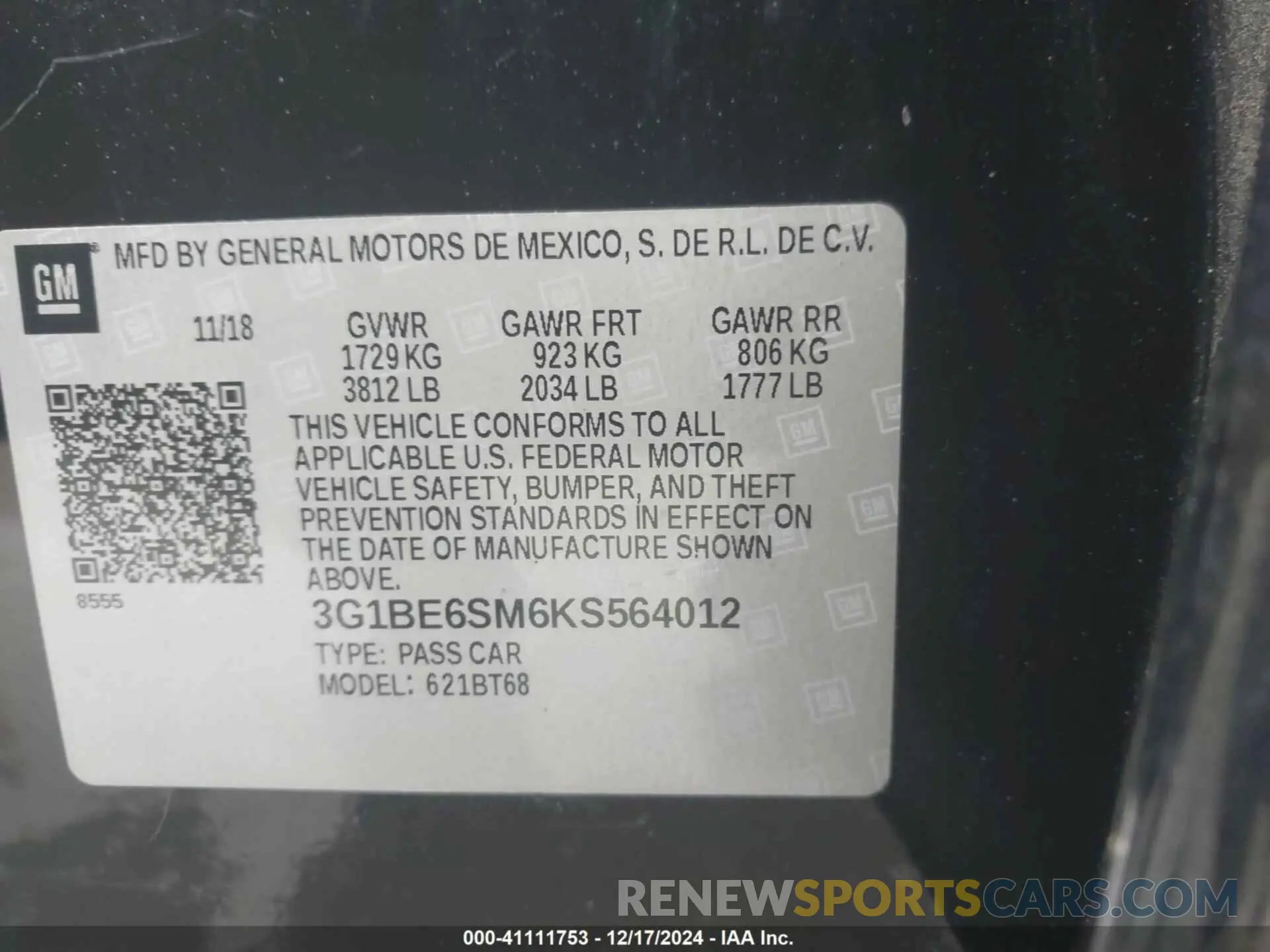 9 fotografías del automóvil dañado 3G1BE6SM6KS564012 CHEVROLET CRUZE 2019
