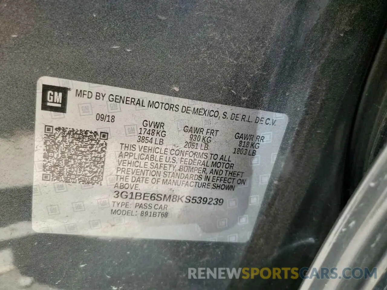 12 fotografías del automóvil dañado 3G1BE6SM8KS539239 CHEVROLET CRUZE 2019