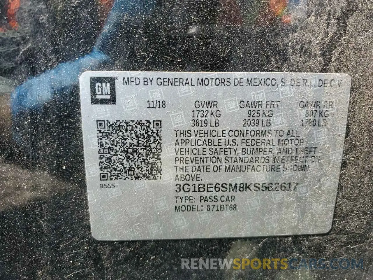 12 fotografías del automóvil dañado 3G1BE6SM8KS562617 CHEVROLET CRUZE 2019