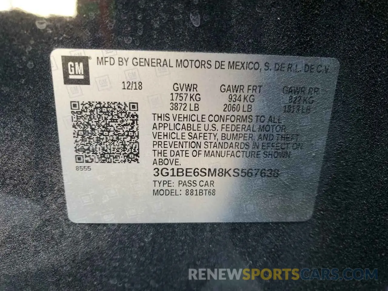 13 fotografías del automóvil dañado 3G1BE6SM8KS567638 CHEVROLET CRUZE 2019