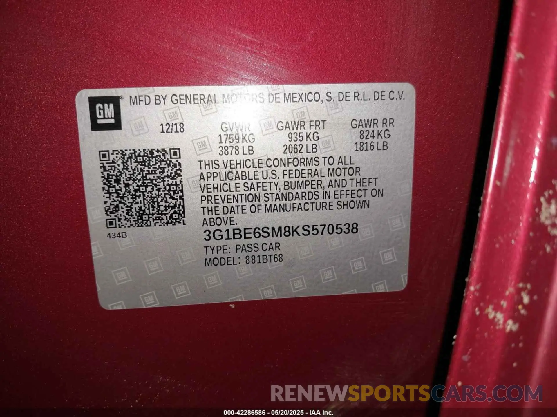 9 fotografías del automóvil dañado 3G1BE6SM8KS570538 CHEVROLET CRUZE 2019