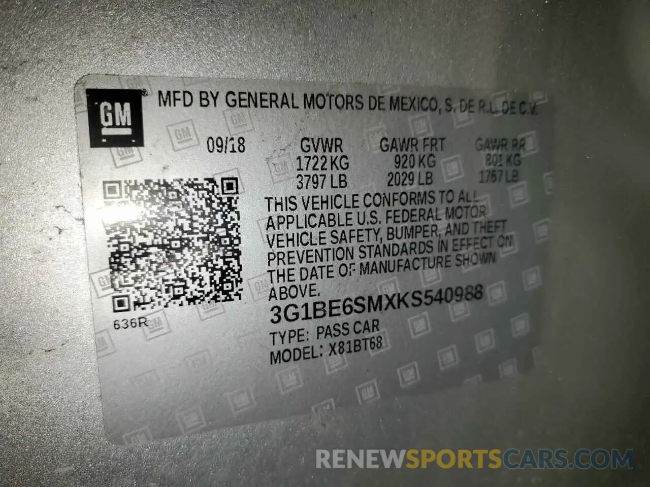 13 fotografías del automóvil dañado 3G1BE6SMXKS540988 CHEVROLET CRUZE 2019