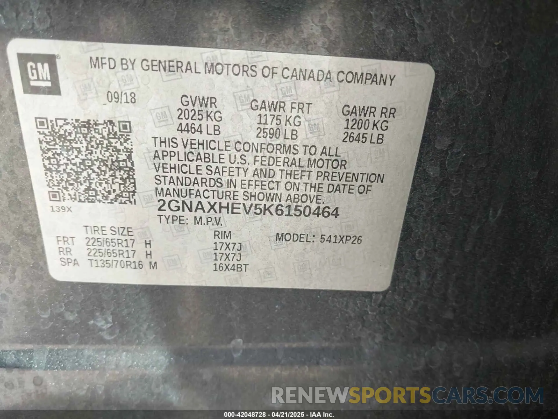 9 fotografías del automóvil dañado 2GNAXHEV5K6150464 CHEVROLET EQUINOX 2019