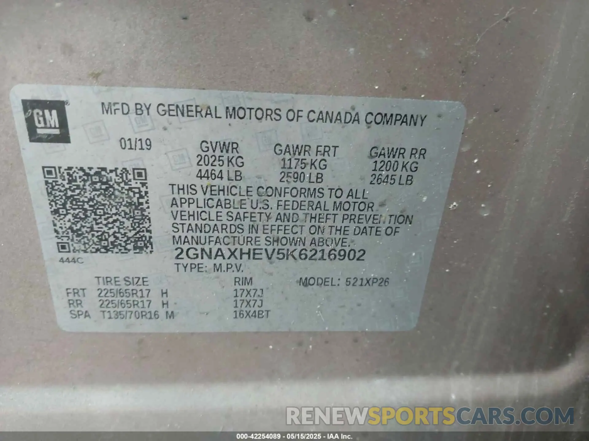 9 fotografías del automóvil dañado 2GNAXHEV5K6216902 CHEVROLET EQUINOX 2019