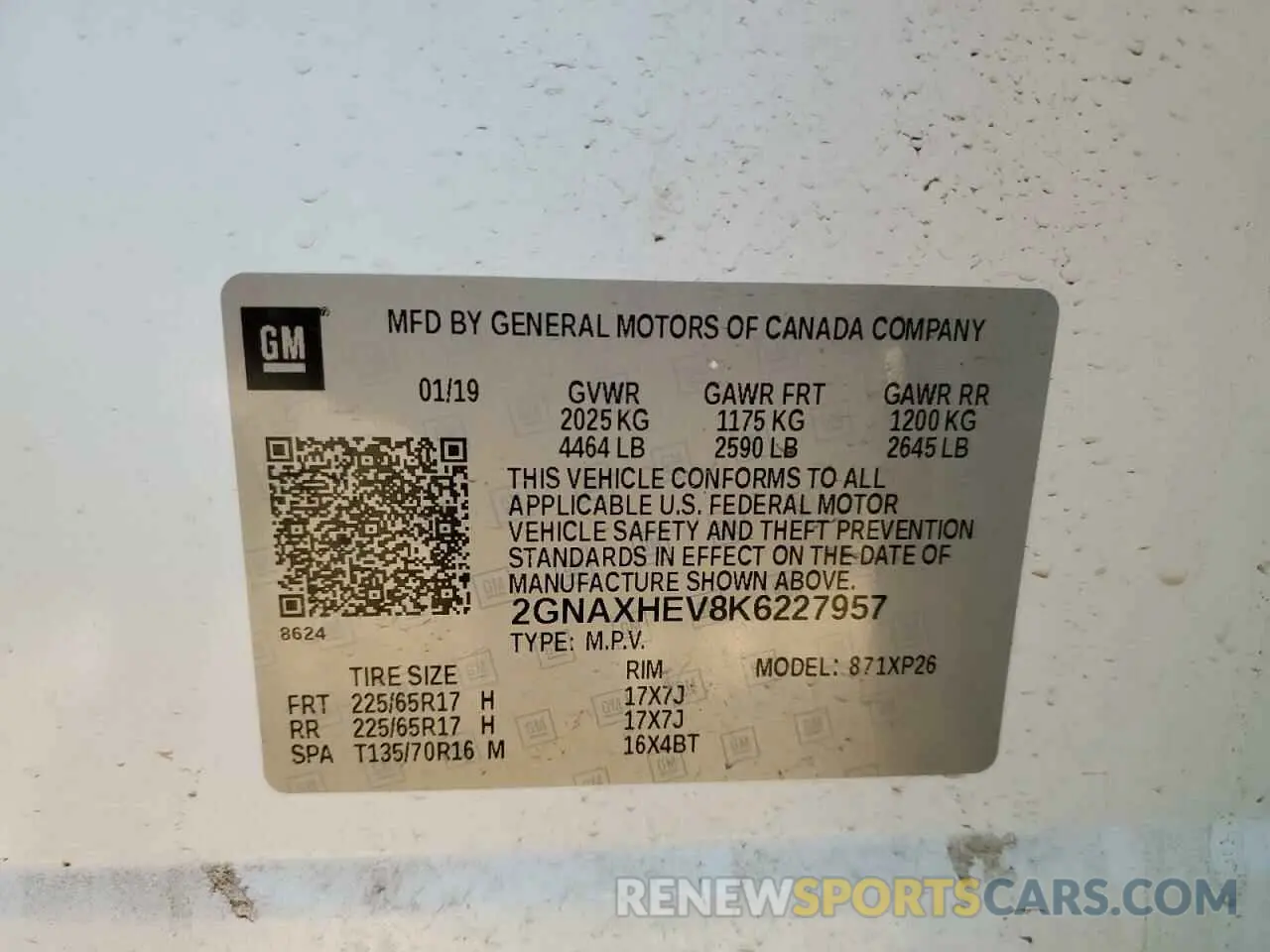 14 fotografías del automóvil dañado 2GNAXHEV8K6227957 CHEVROLET EQUINOX 2019
