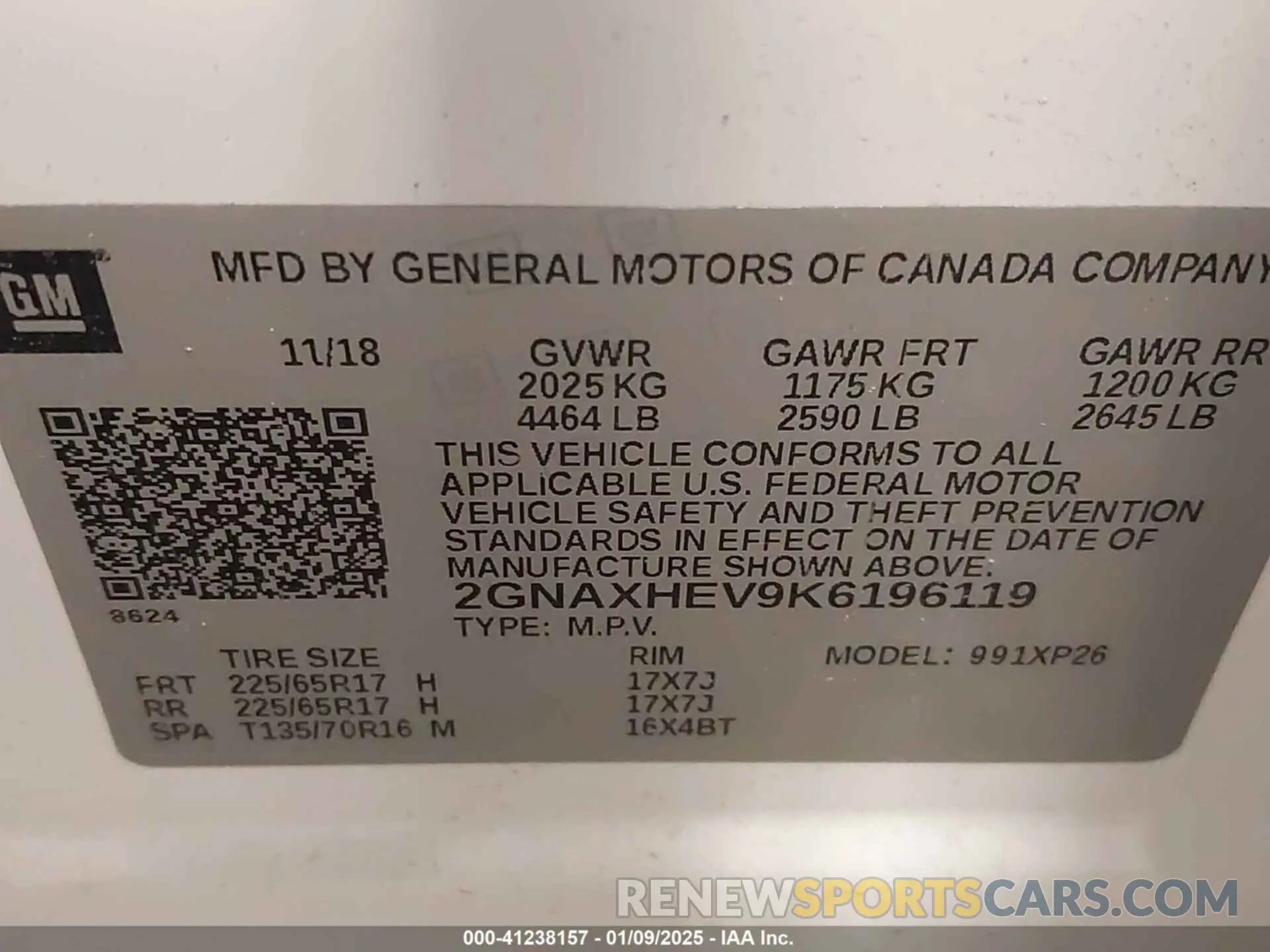 9 fotografías del automóvil dañado 2GNAXHEV9K6196119 CHEVROLET EQUINOX 2019