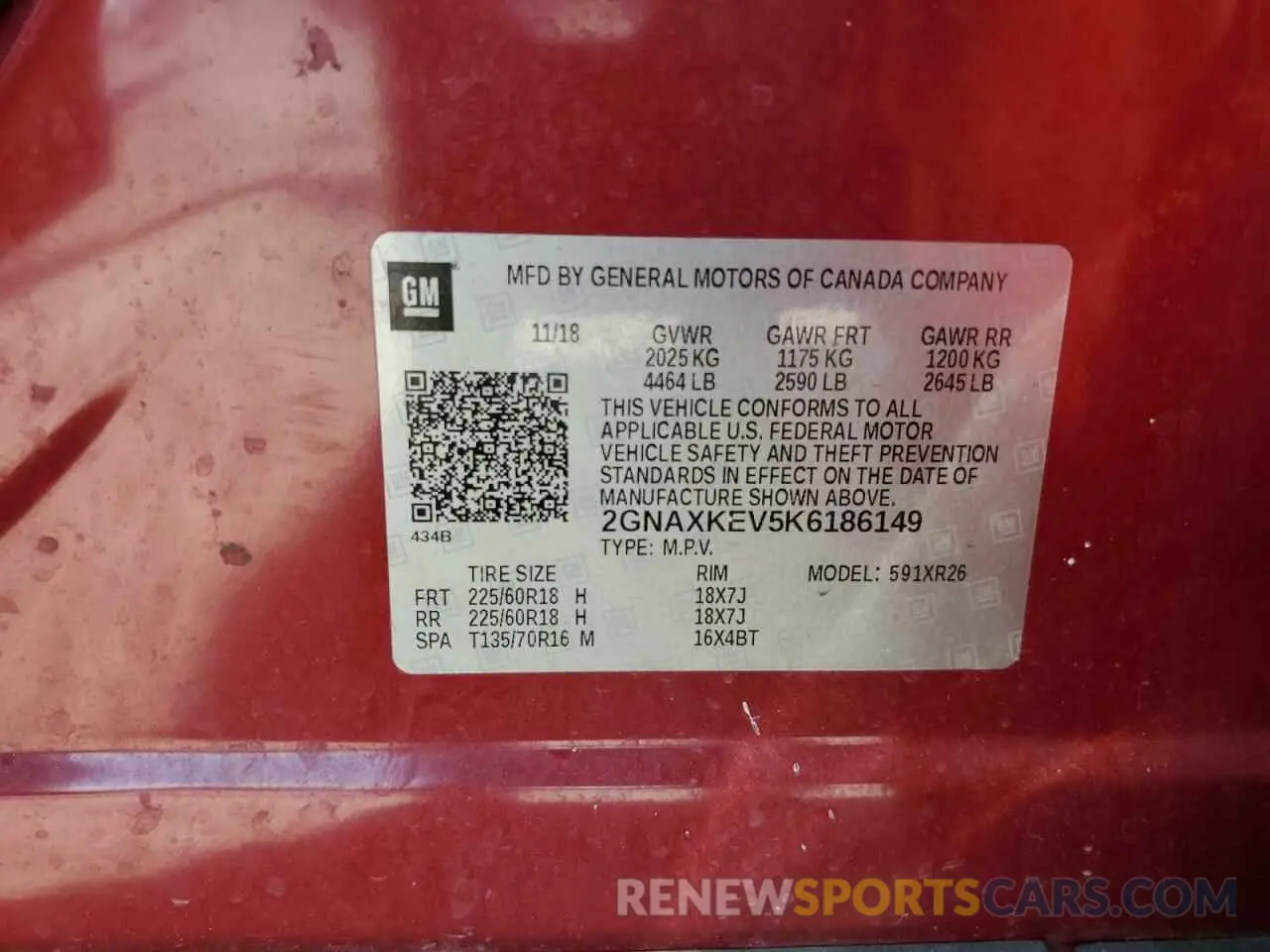 13 fotografías del automóvil dañado 2GNAXKEV5K6186149 CHEVROLET EQUINOX 2019