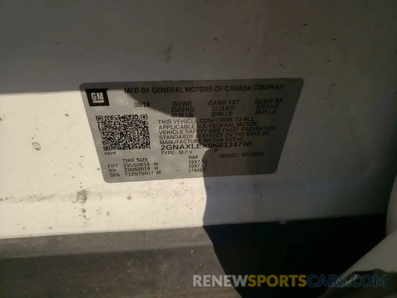 13 fotografías del automóvil dañado 2GNAXLEX9K6134790 CHEVROLET EQUINOX 2019