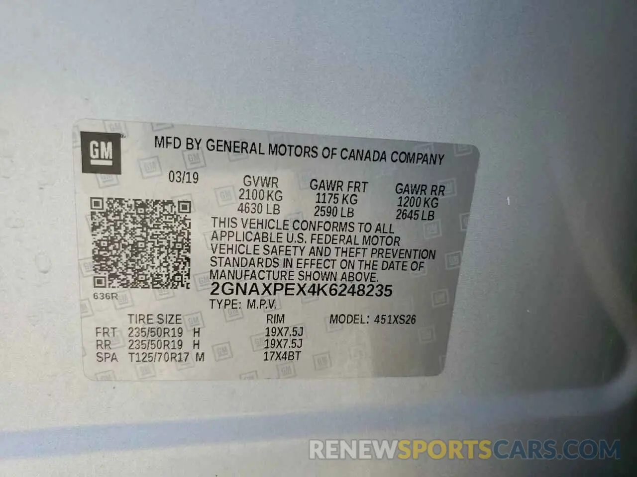 13 fotografías del automóvil dañado 2GNAXPEX4K6248235 CHEVROLET EQUINOX 2019