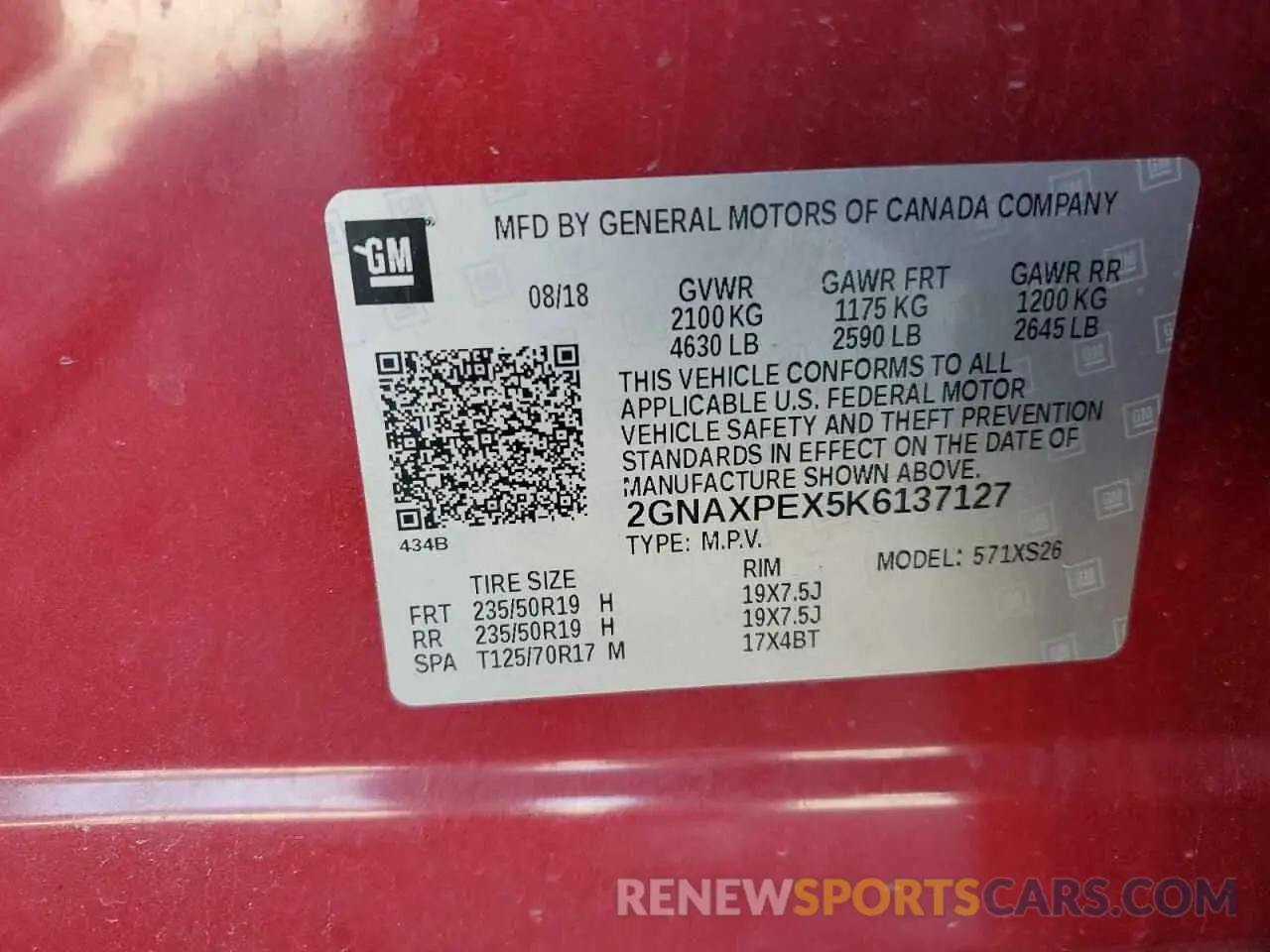 12 fotografías del automóvil dañado 2GNAXPEX5K6137127 CHEVROLET EQUINOX 2019