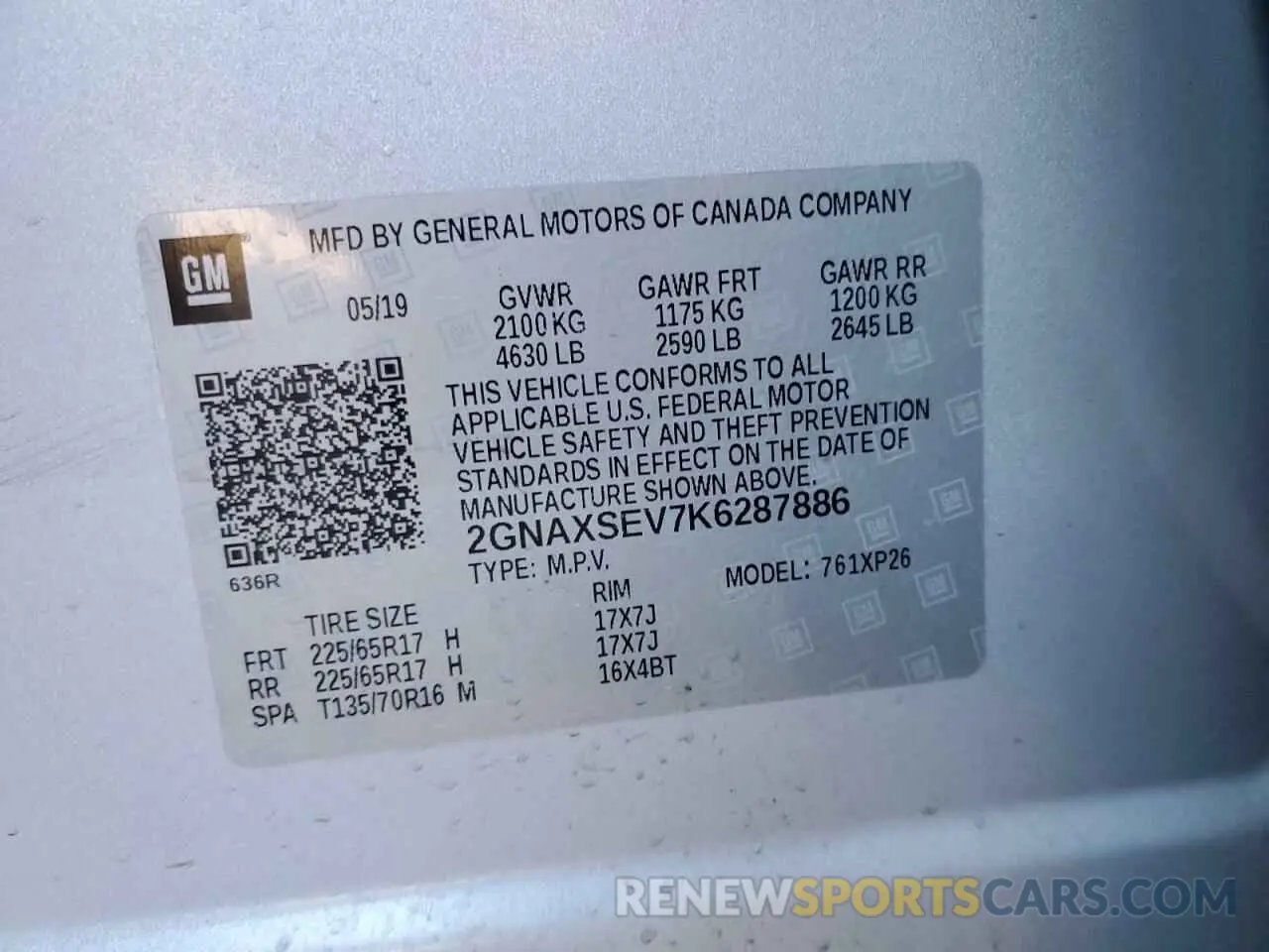 14 fotografías del automóvil dañado 2GNAXSEV7K6287886 CHEVROLET EQUINOX 2019