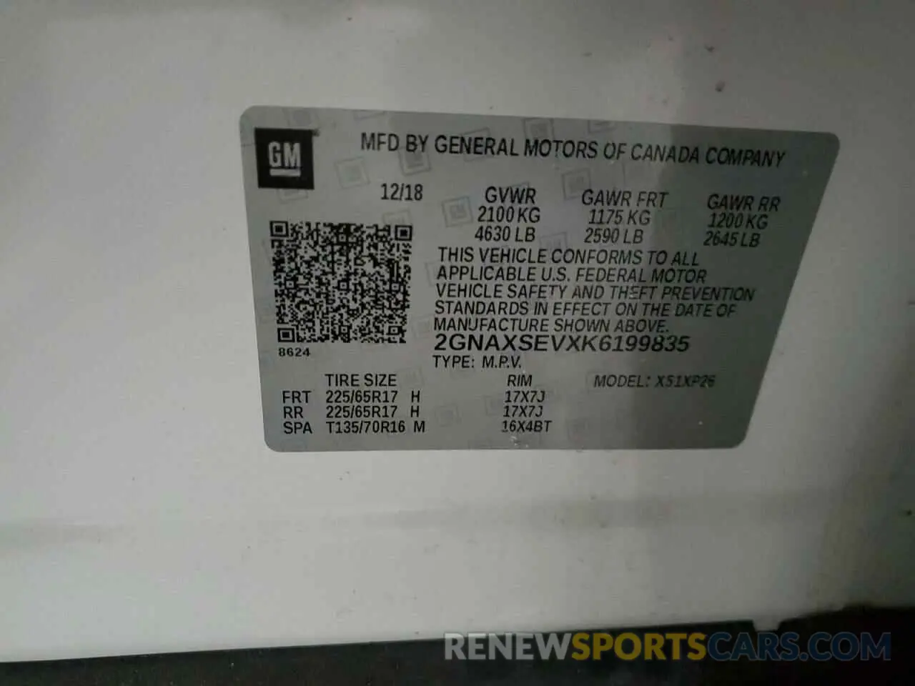13 fotografías del automóvil dañado 2GNAXSEVXK6199835 CHEVROLET EQUINOX 2019