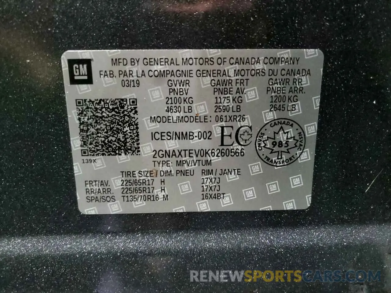 13 fotografías del automóvil dañado 2GNAXTEV0K6260566 CHEVROLET EQUINOX 2019