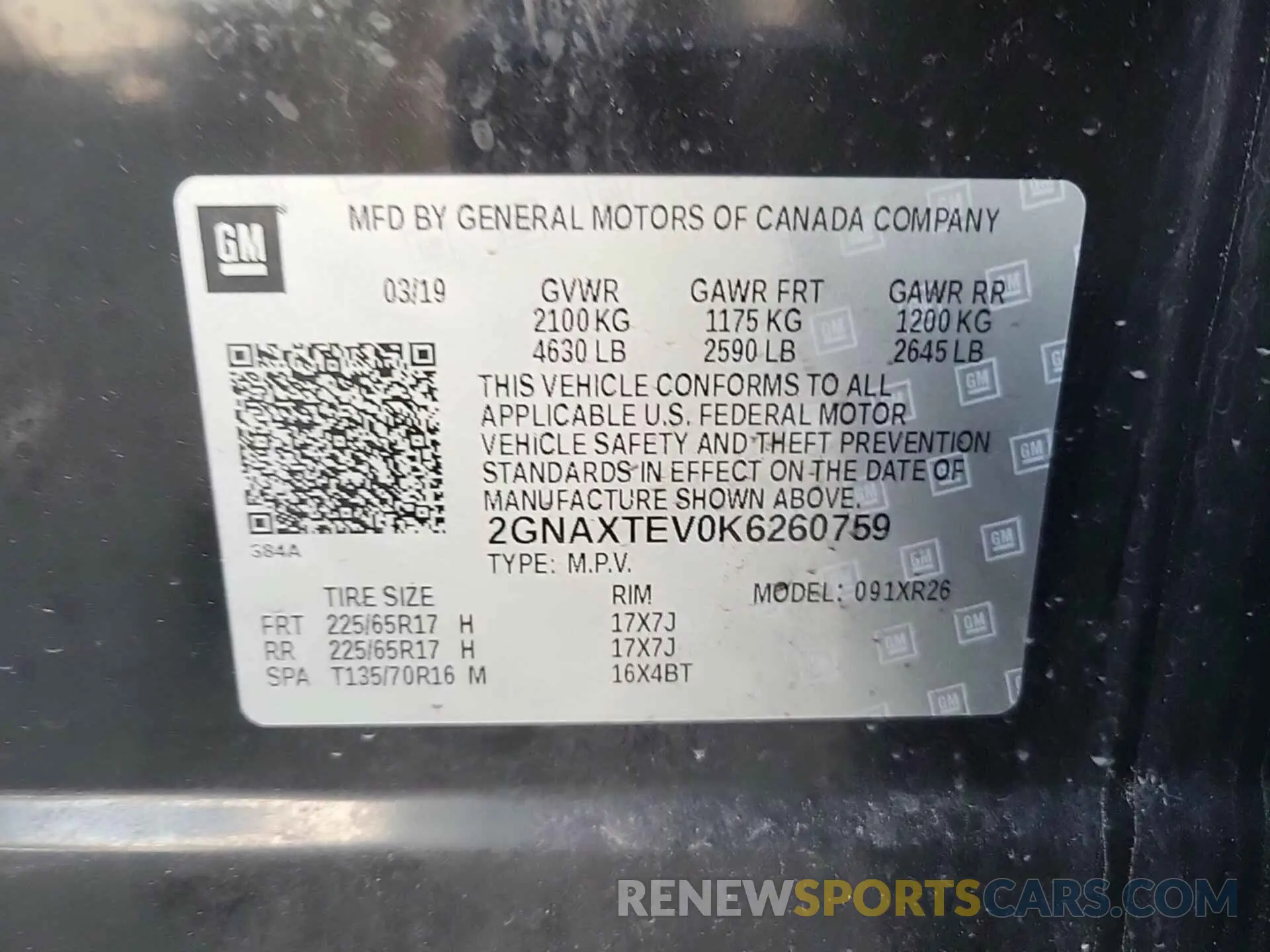 14 fotografías del automóvil dañado 2GNAXTEV0K6260759 CHEVROLET EQUINOX 2019