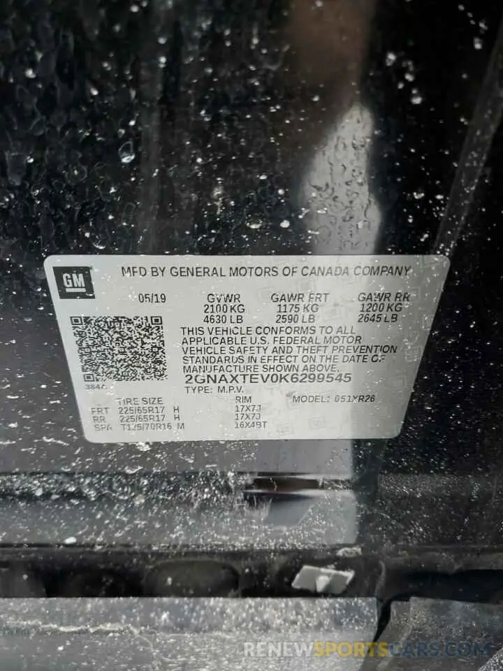 13 fotografías del automóvil dañado 2GNAXTEV0K6299545 CHEVROLET EQUINOX 2019
