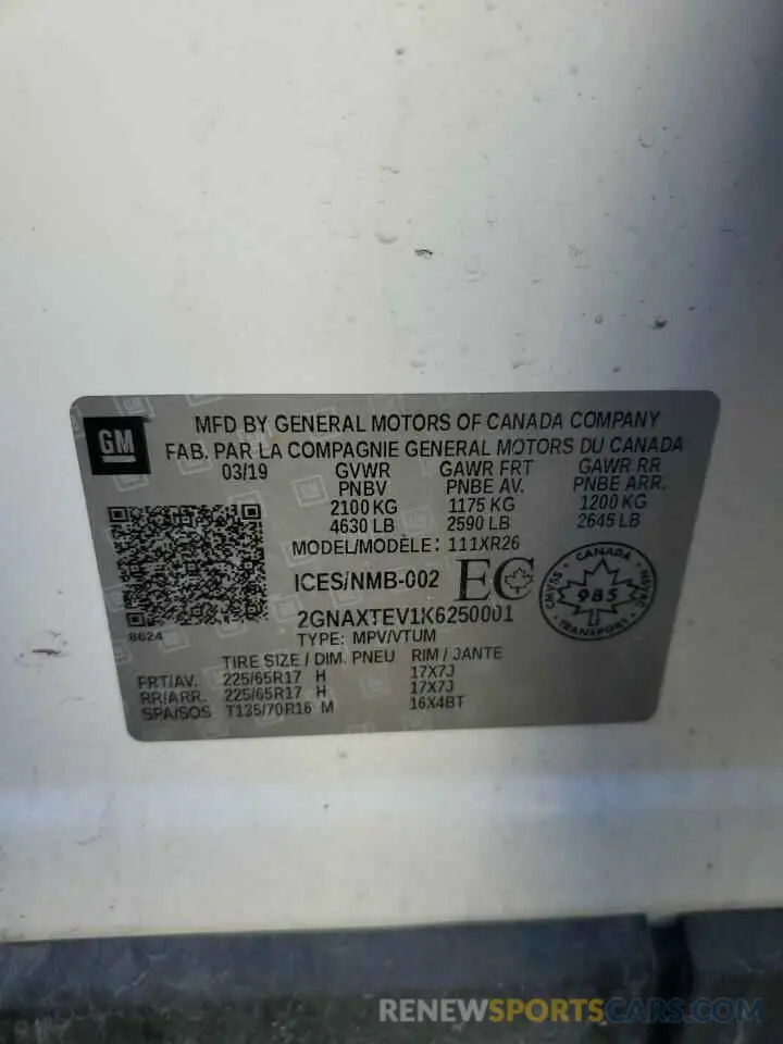 13 fotografías del automóvil dañado 2GNAXTEV1K6250001 CHEVROLET EQUINOX 2019