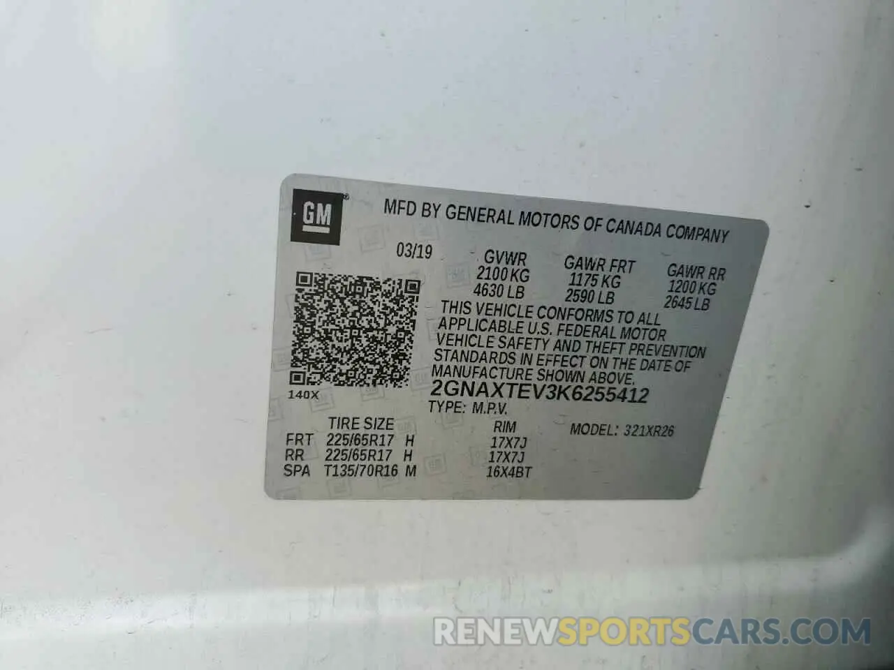 13 fotografías del automóvil dañado 2GNAXTEV3K6255412 CHEVROLET EQUINOX 2019