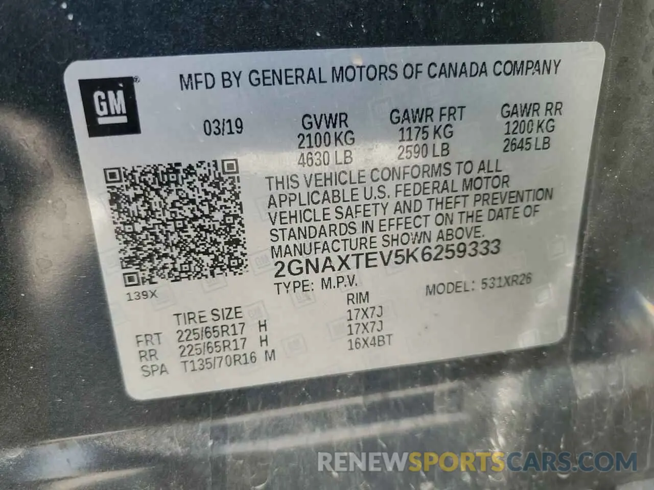 13 fotografías del automóvil dañado 2GNAXTEV5K6259333 CHEVROLET EQUINOX 2019