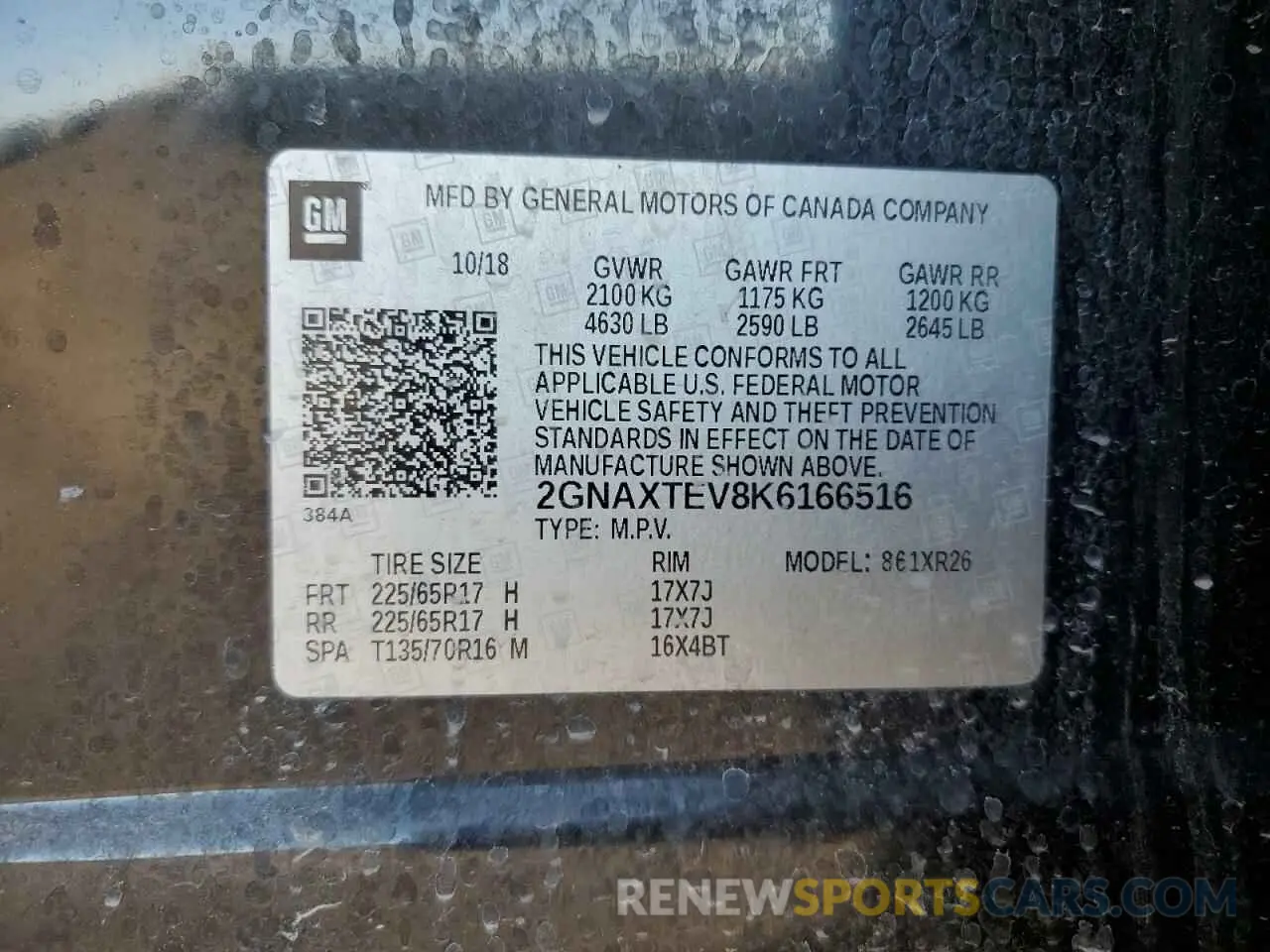 14 fotografías del automóvil dañado 2GNAXTEV8K6166516 CHEVROLET EQUINOX 2019