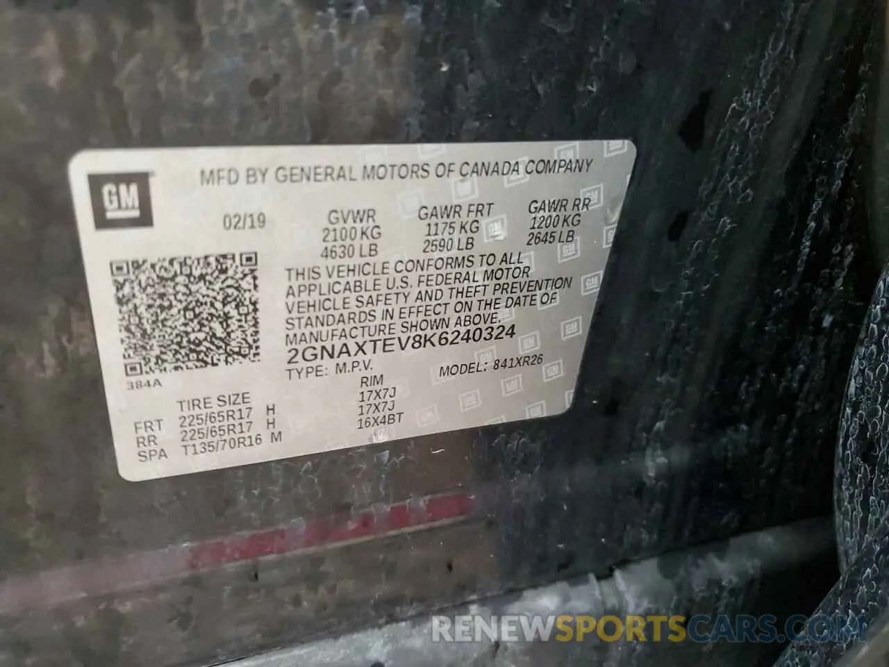 14 fotografías del automóvil dañado 2GNAXTEV8K6240324 CHEVROLET EQUINOX 2019