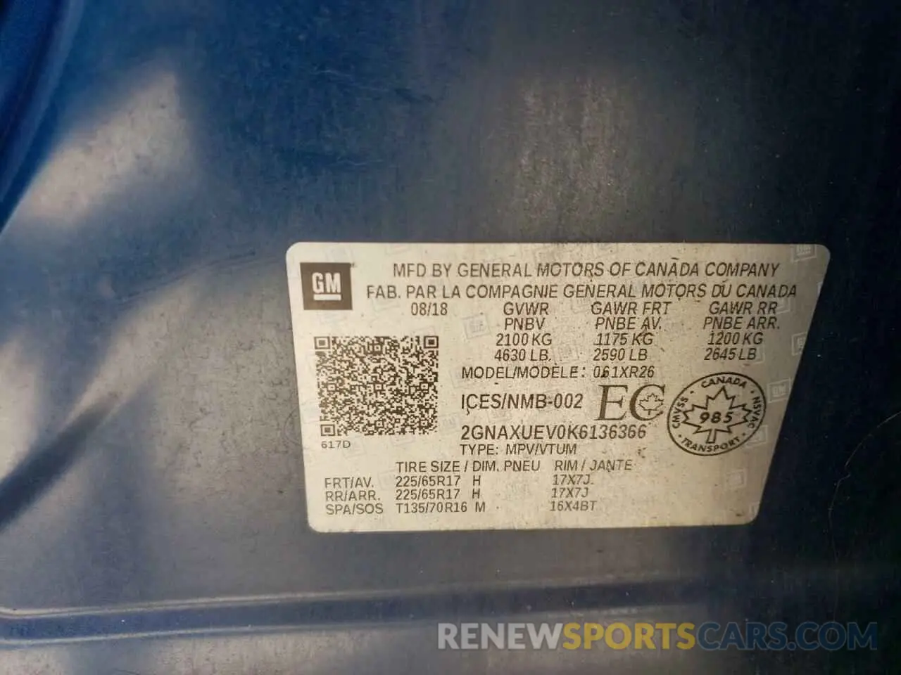 13 fotografías del automóvil dañado 2GNAXUEV0K6136366 CHEVROLET EQUINOX 2019