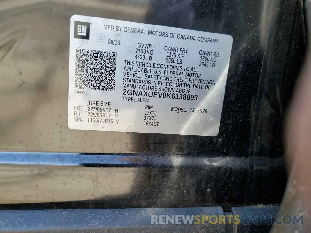 13 fotografías del automóvil dañado 2GNAXUEV0K6138893 CHEVROLET EQUINOX 2019