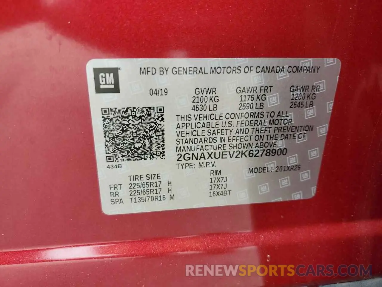 13 fotografías del automóvil dañado 2GNAXUEV2K6278900 CHEVROLET EQUINOX 2019