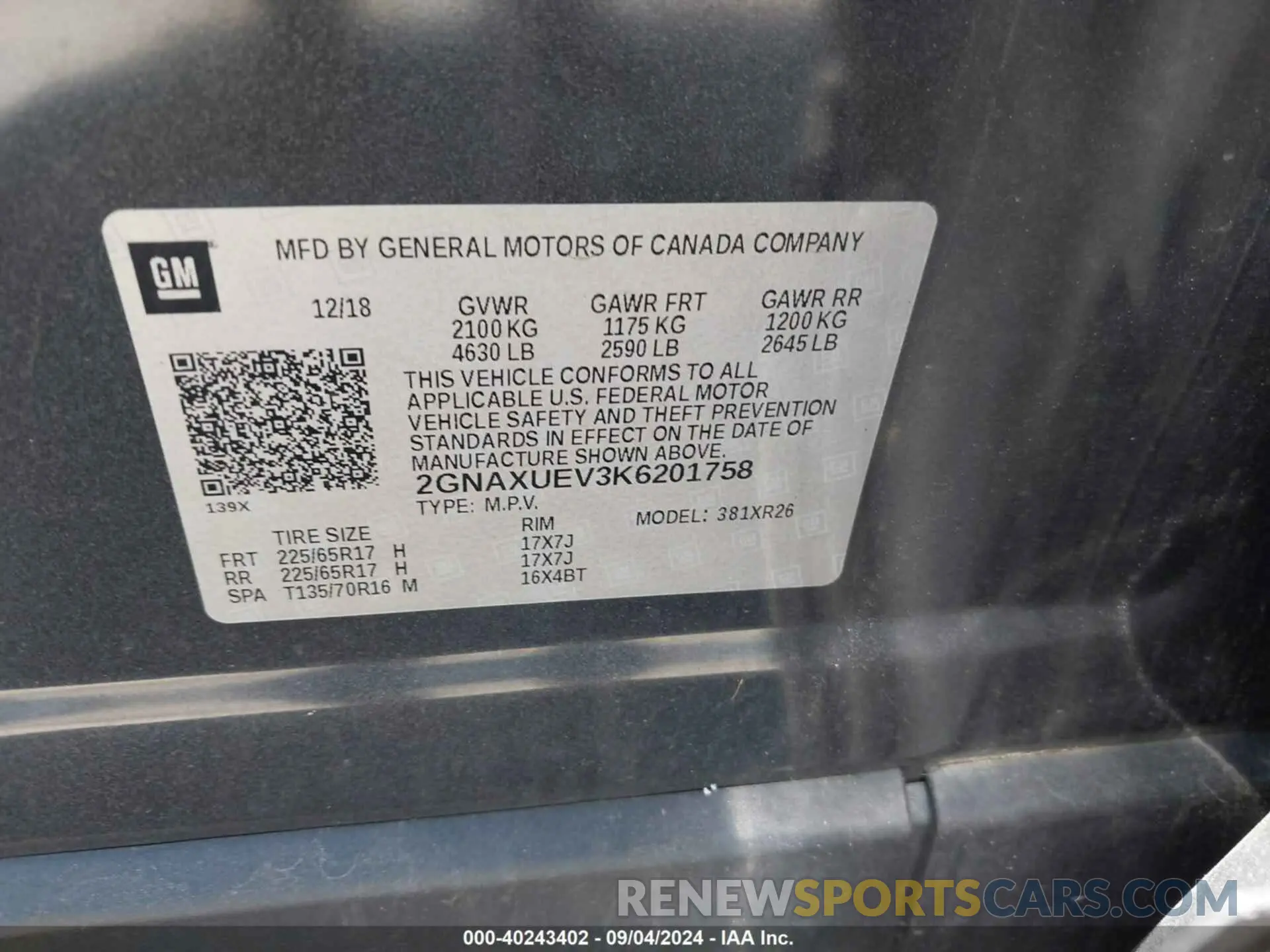 9 fotografías del automóvil dañado 2GNAXUEV3K6201758 CHEVROLET EQUINOX 2019