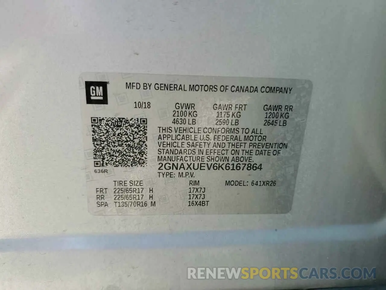15 fotografías del automóvil dañado 2GNAXUEV6K6167864 CHEVROLET EQUINOX 2019