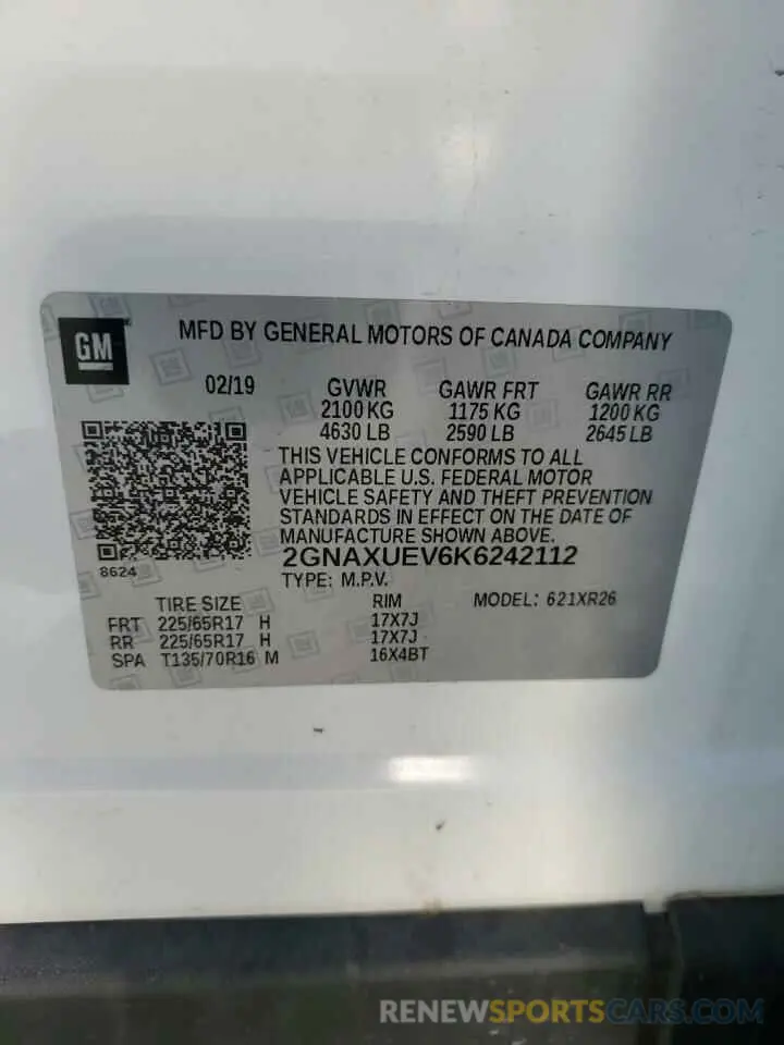 13 fotografías del automóvil dañado 2GNAXUEV6K6242112 CHEVROLET EQUINOX 2019