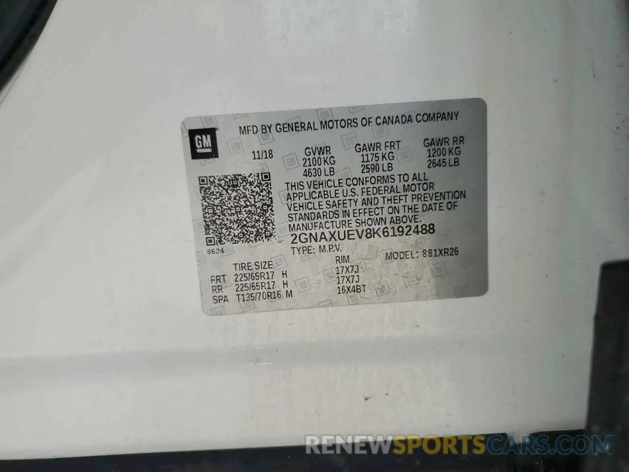 13 fotografías del automóvil dañado 2GNAXUEV8K6192488 CHEVROLET EQUINOX 2019