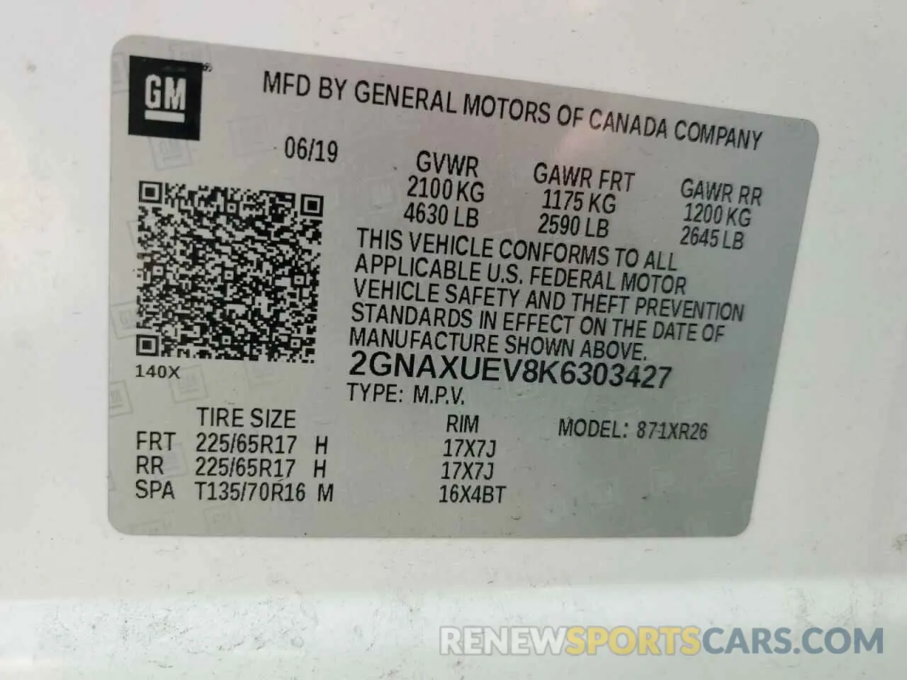 14 fotografías del automóvil dañado 2GNAXUEV8K6303427 CHEVROLET EQUINOX 2019