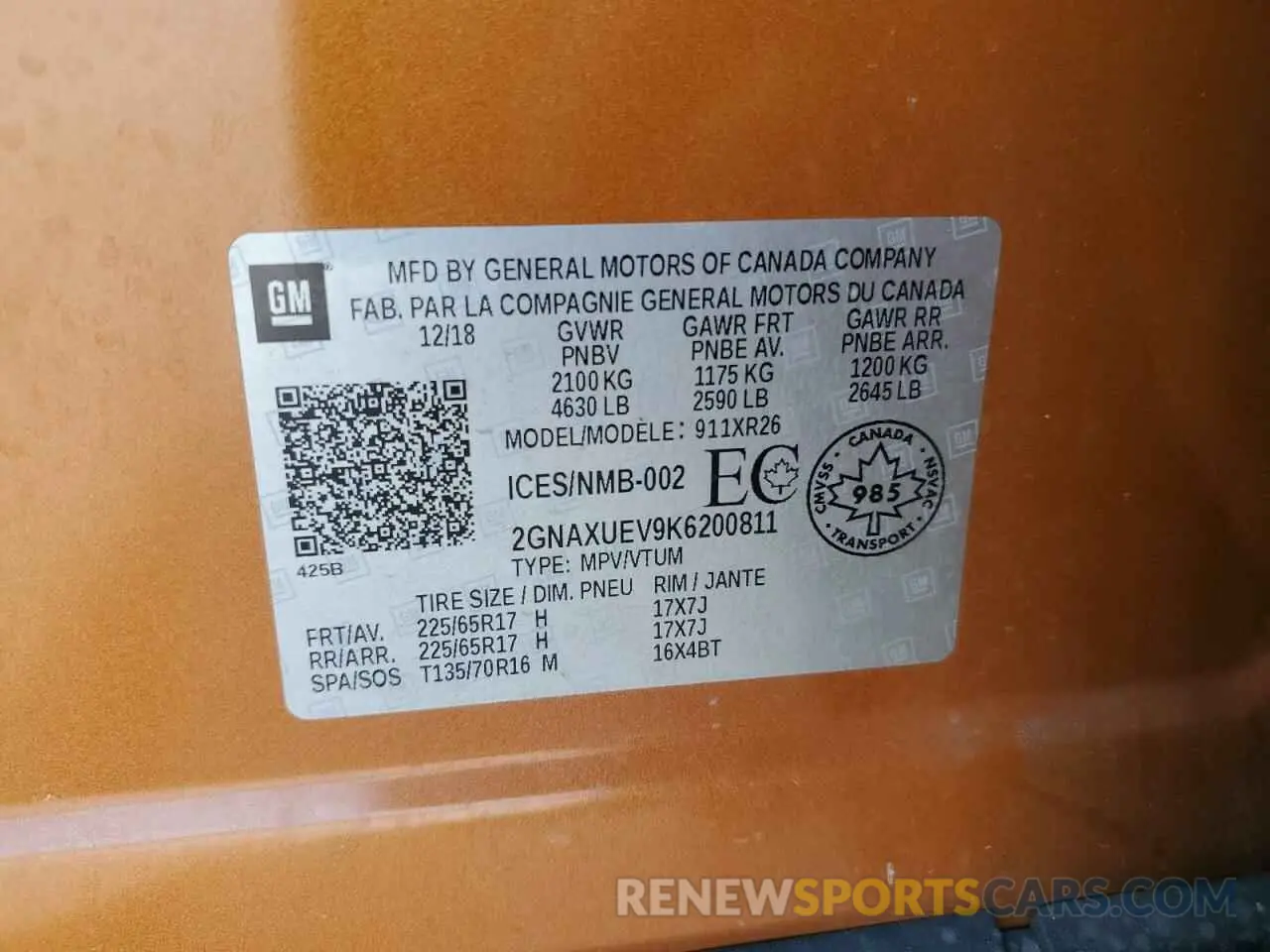 14 fotografías del automóvil dañado 2GNAXUEV9K6200811 CHEVROLET EQUINOX 2019