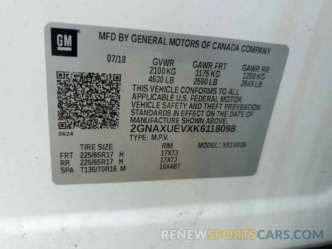 14 fotografías del automóvil dañado 2GNAXUEVXK6118098 CHEVROLET EQUINOX 2019