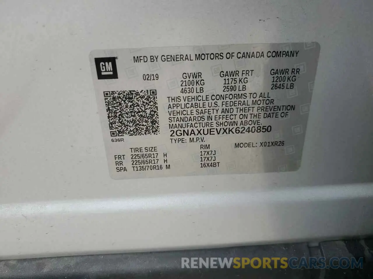 13 fotografías del automóvil dañado 2GNAXUEVXK6240850 CHEVROLET EQUINOX 2019
