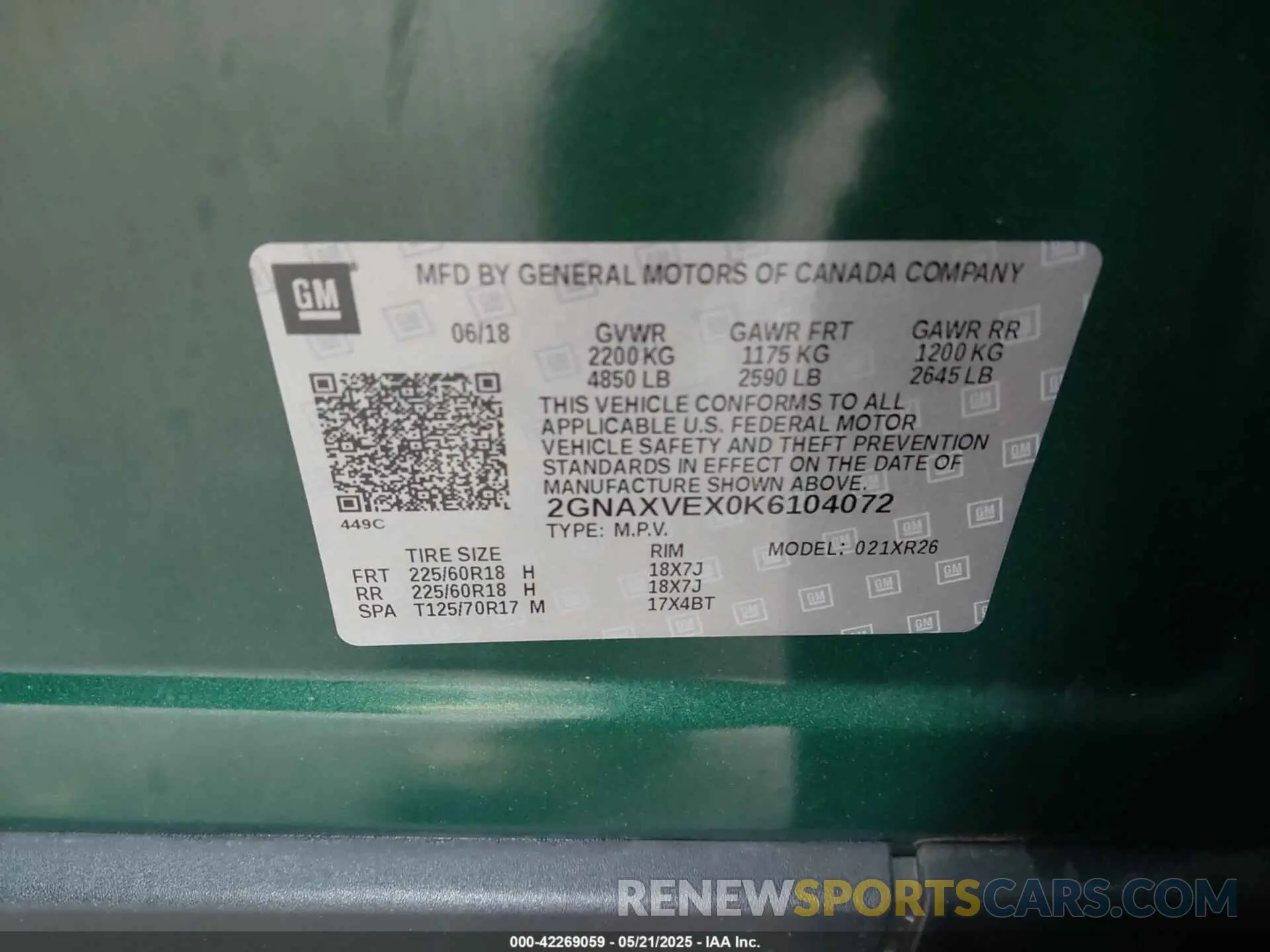 9 fotografías del automóvil dañado 2GNAXVEX0K6104072 CHEVROLET EQUINOX 2019