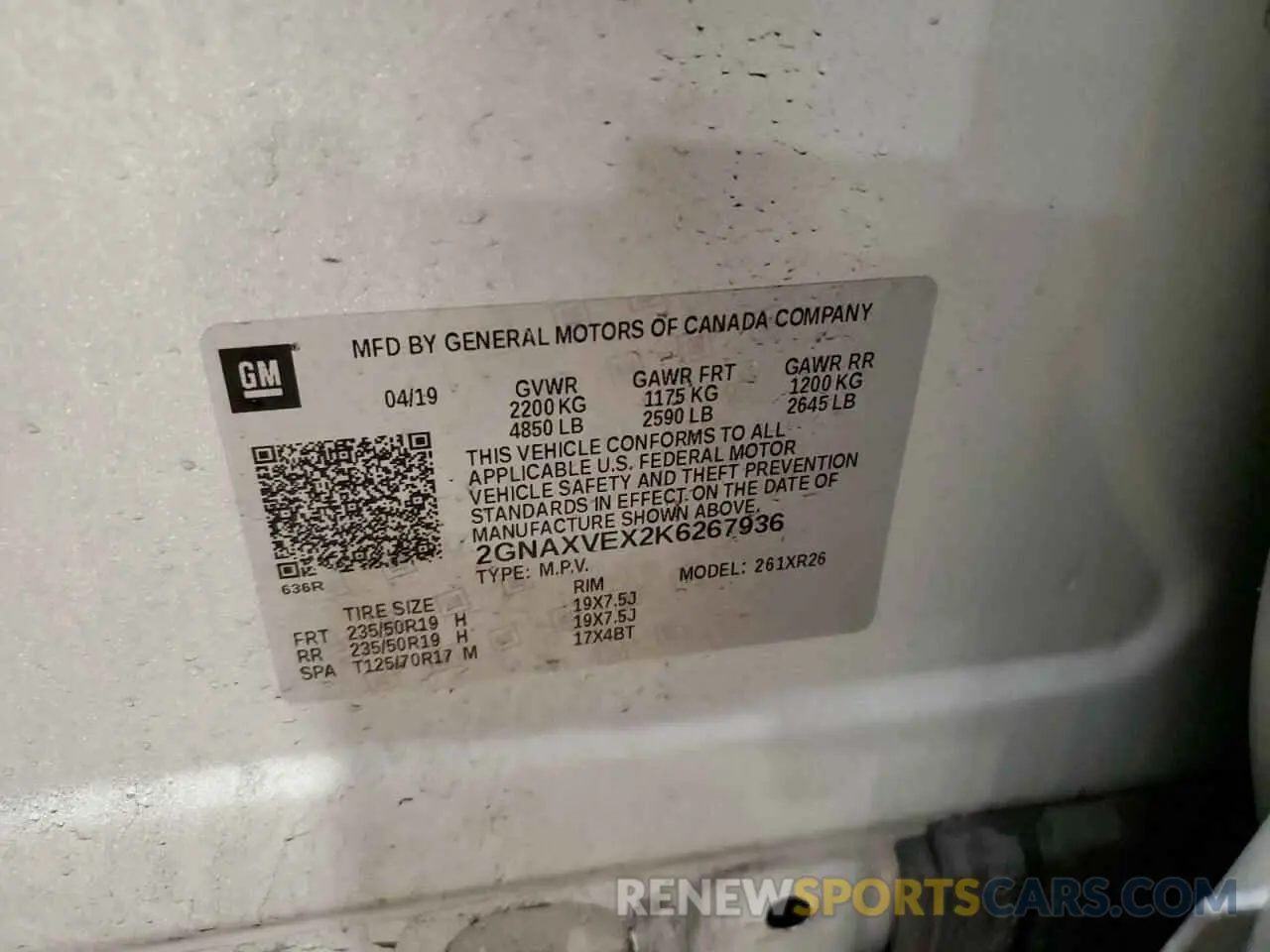 14 fotografías del automóvil dañado 2GNAXVEX2K6267936 CHEVROLET EQUINOX 2019