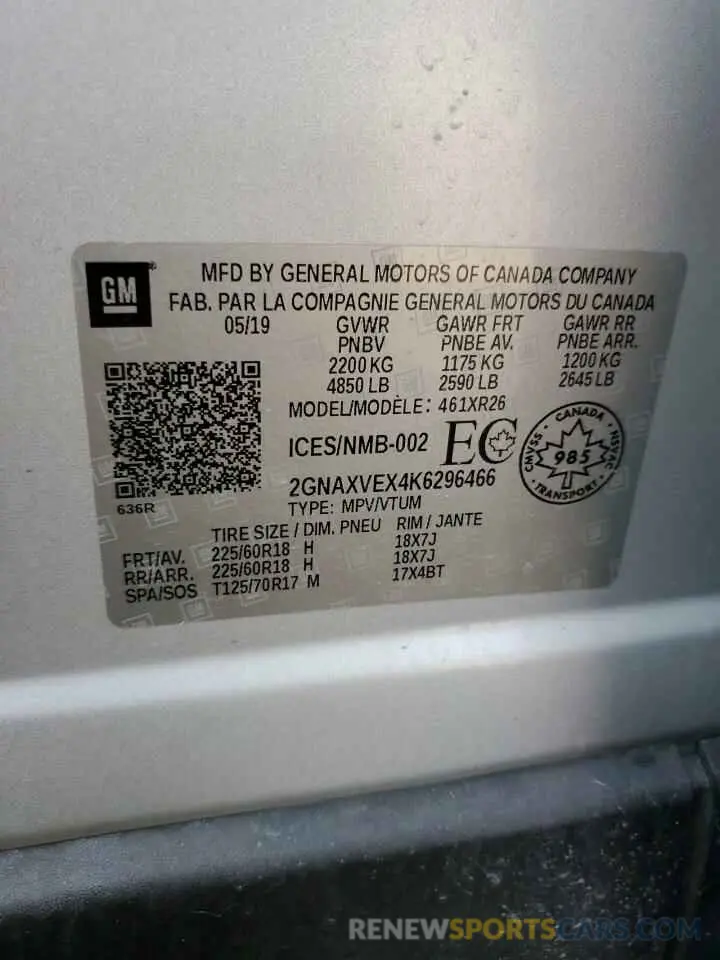 14 fotografías del automóvil dañado 2GNAXVEX4K6296466 CHEVROLET EQUINOX 2019