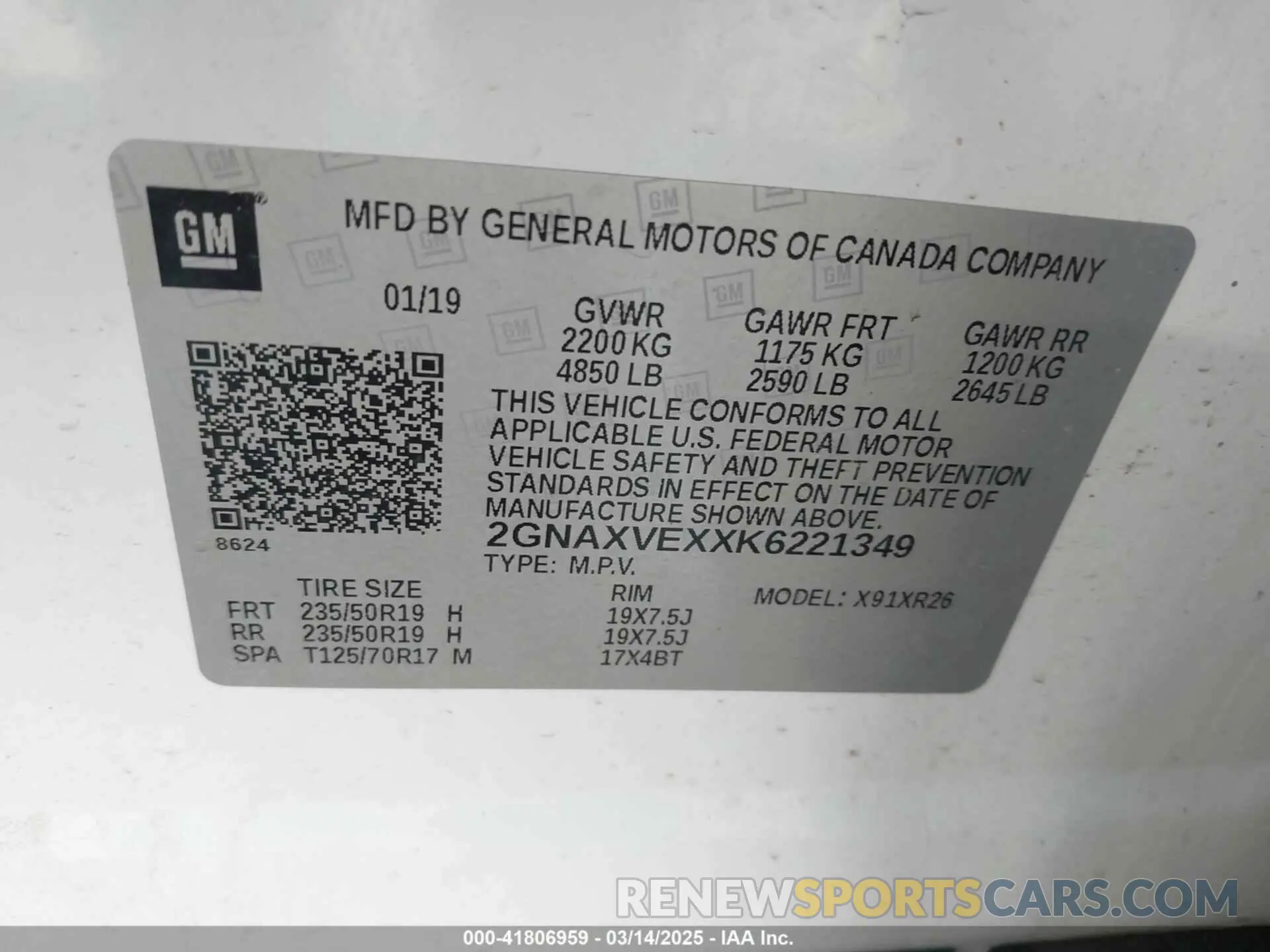 9 fotografías del automóvil dañado 2GNAXVEXXK6221349 CHEVROLET EQUINOX 2019