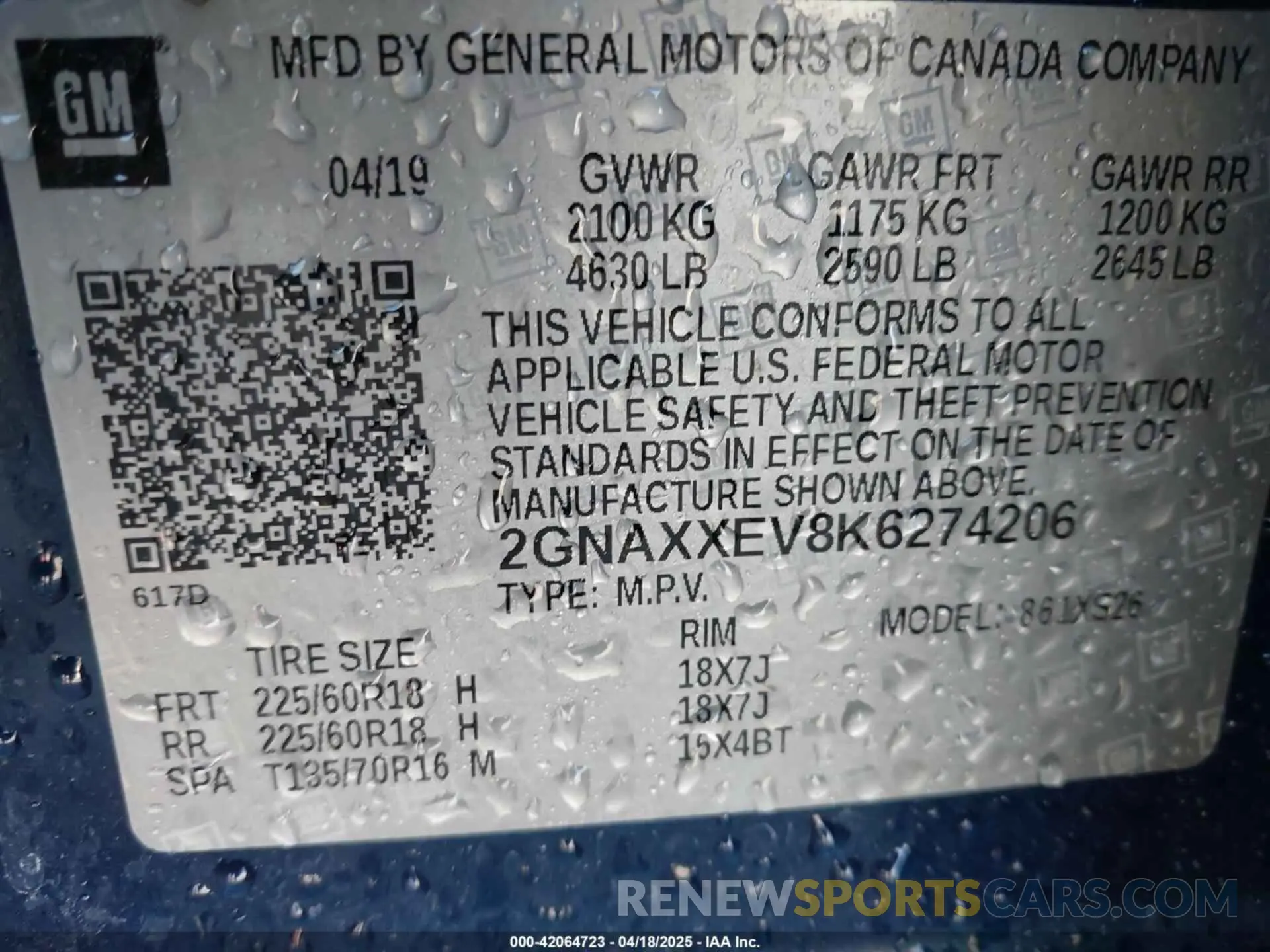 9 fotografías del automóvil dañado 2GNAXXEV8K6274206 CHEVROLET EQUINOX 2019