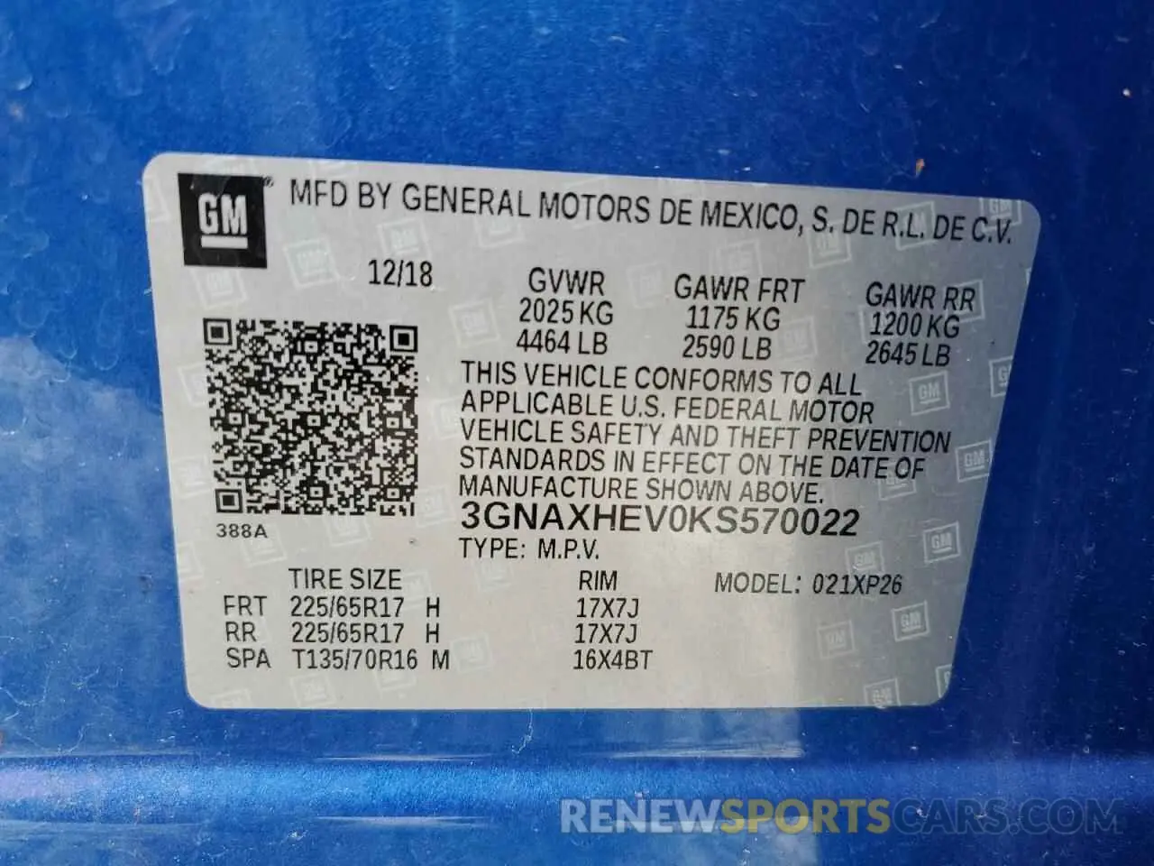 13 fotografías del automóvil dañado 3GNAXHEV0KS570022 CHEVROLET EQUINOX 2019