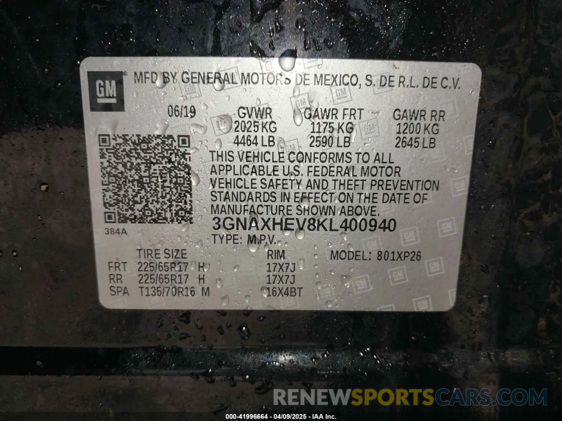 9 fotografías del automóvil dañado 3GNAXHEV8KL400940 CHEVROLET EQUINOX 2019