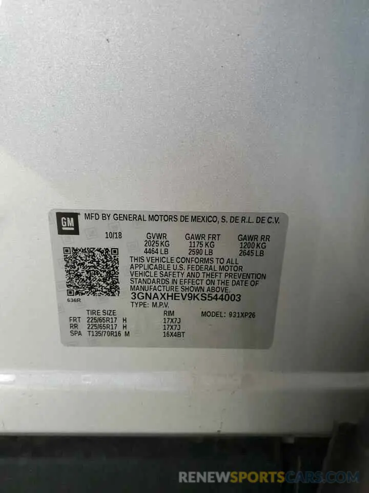 14 fotografías del automóvil dañado 3GNAXHEV9KS544003 CHEVROLET EQUINOX 2019