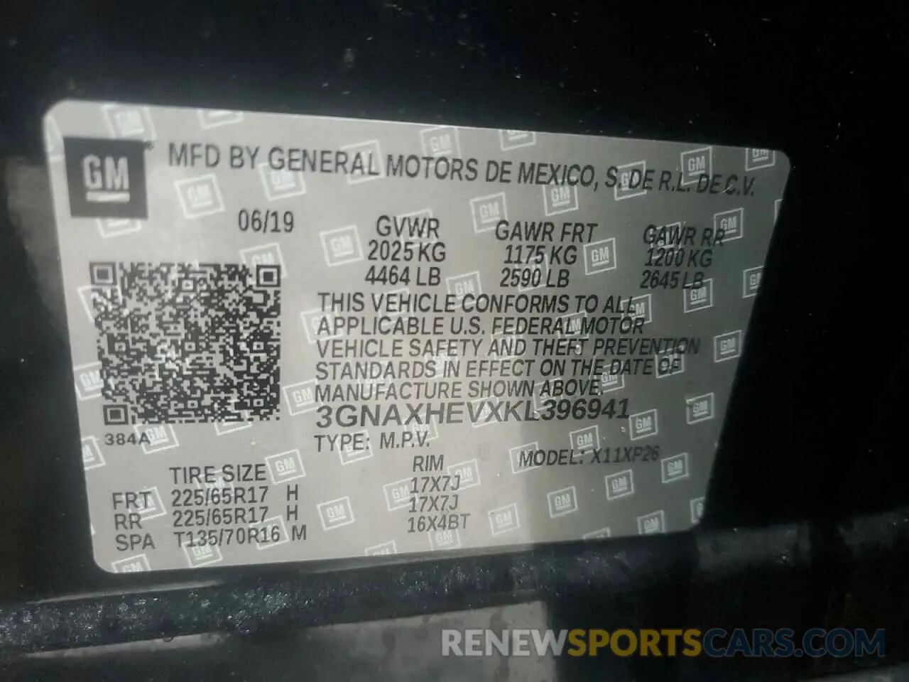 15 fotografías del automóvil dañado 3GNAXHEVXKL396941 CHEVROLET EQUINOX 2019