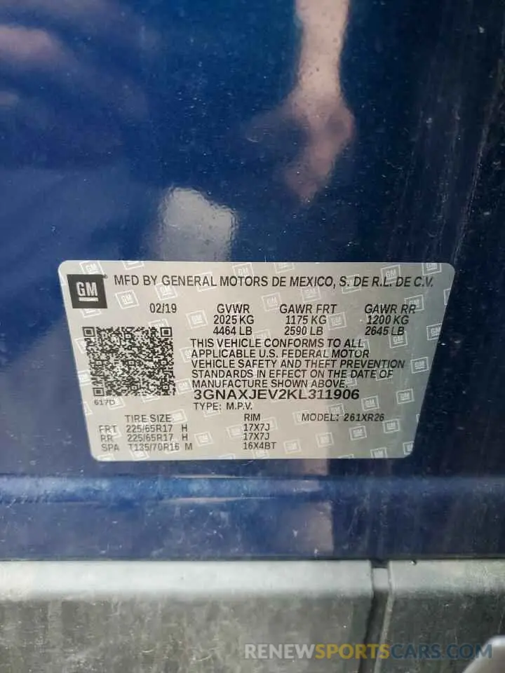 13 fotografías del automóvil dañado 3GNAXJEV2KL311906 CHEVROLET EQUINOX 2019